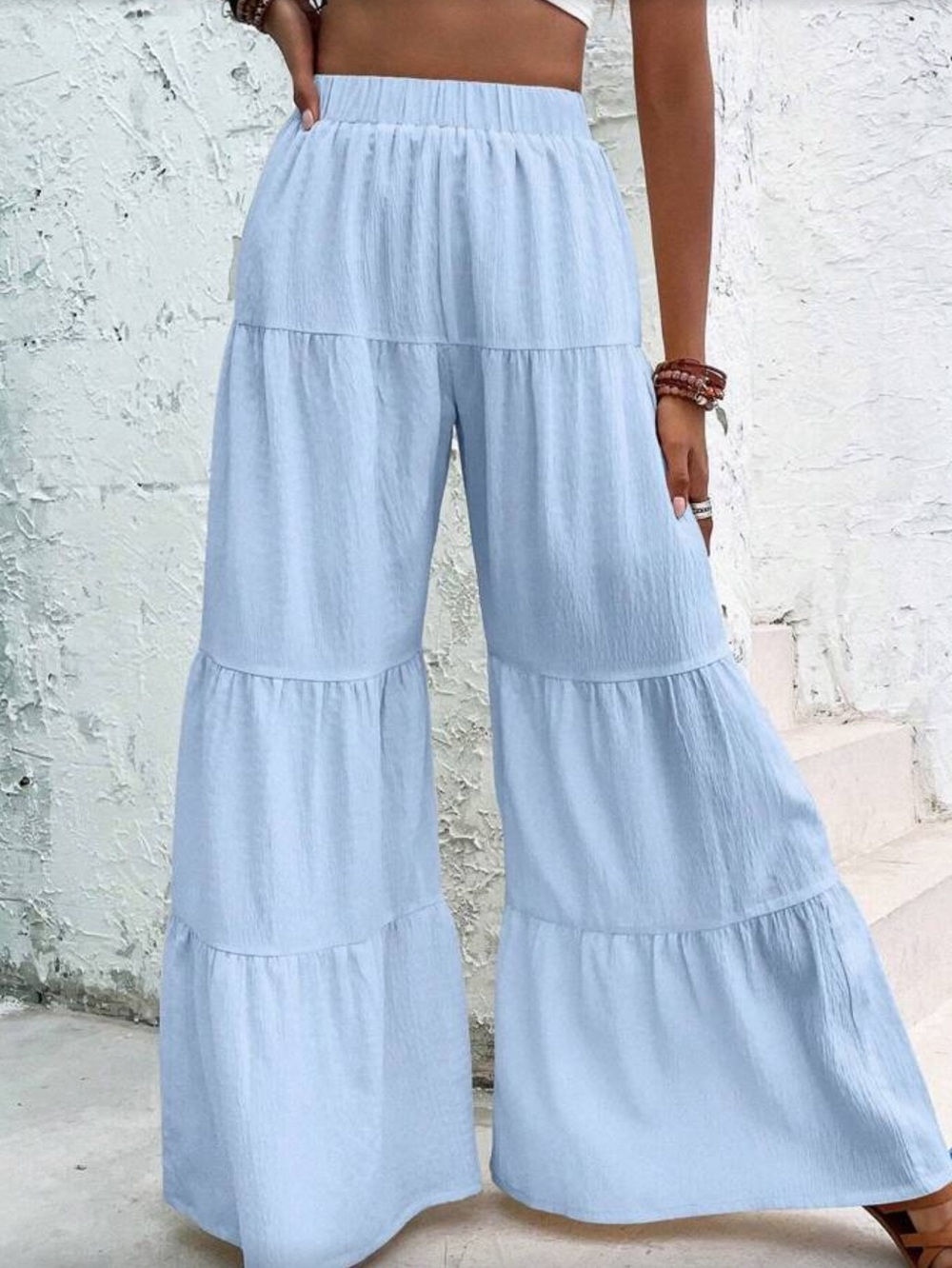 Women's Light Blue Tiered Wide Leg Palazzo Pants
